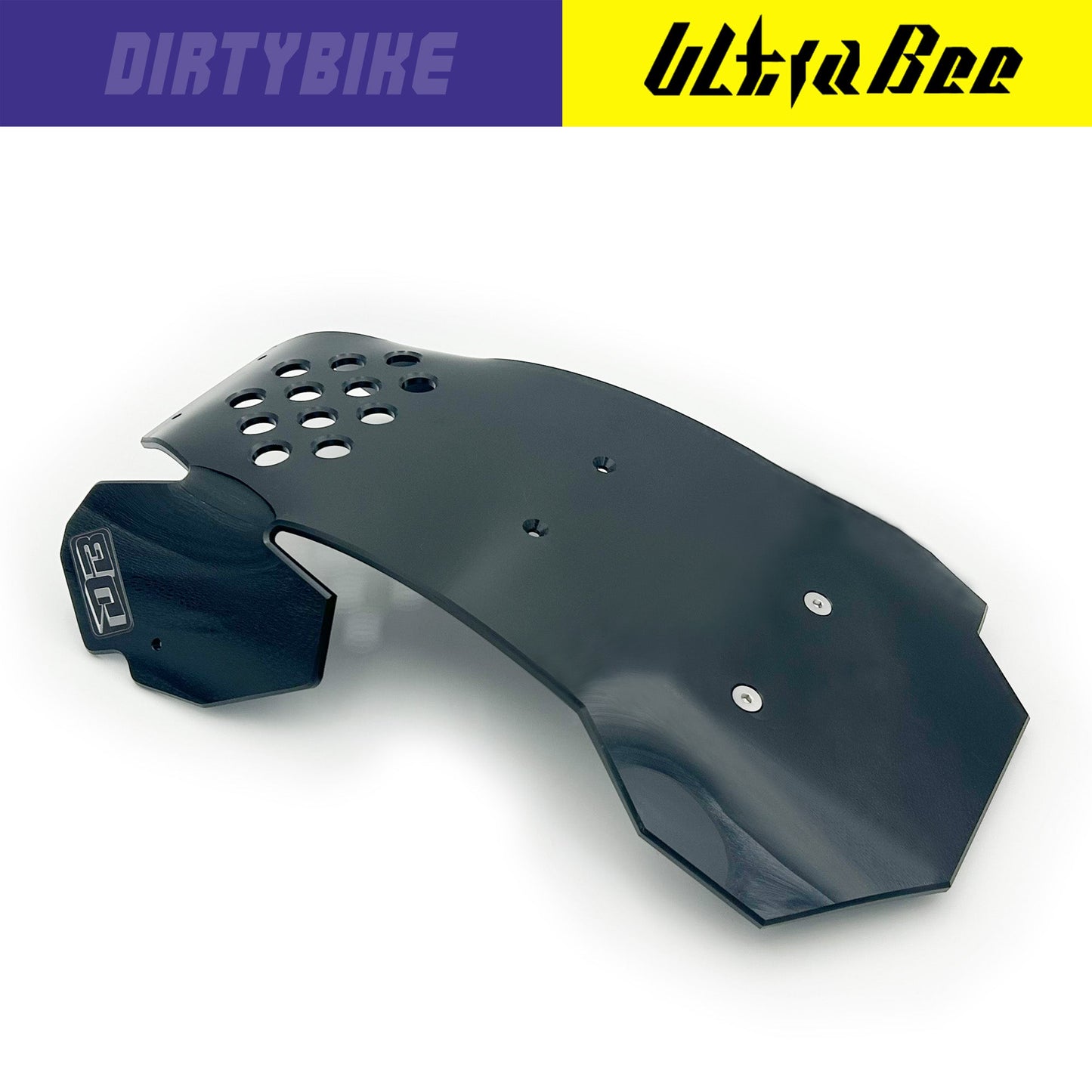 Shiny black eDirtyBike skid plate for Surron Ultra Bee electric bike, providing protection for the bike's underside.