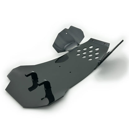 Shiny eDirtyBike skid plate designed for Surron Ultra Bee electric bike, providing protection for the bike's underside.