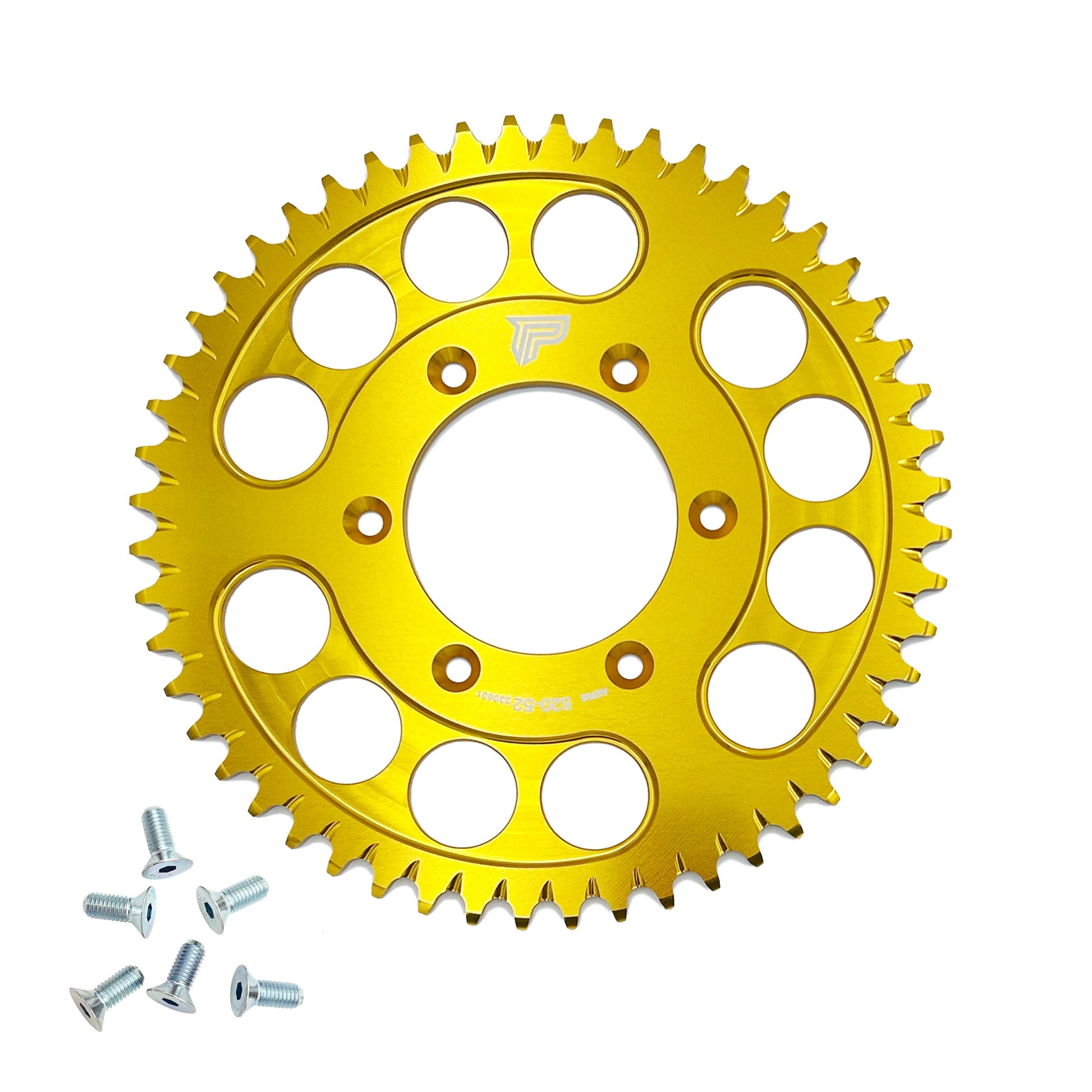 Gold Power Link Rear Sprocket for Surron Ultra Bee eBike, showing the detailed sprocket design and branding on the eDirtyBike product.