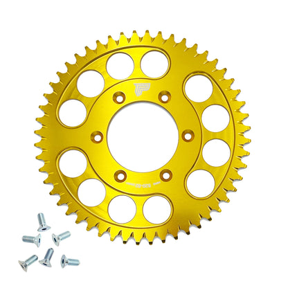 Gold Power Link Rear Sprocket for Surron Ultra Bee eBike, showing the detailed sprocket design and branding on the eDirtyBike product.