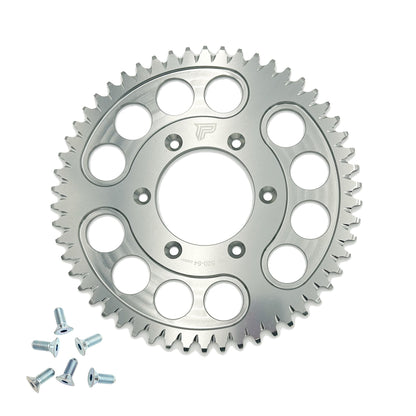 Silver Power Link Rear Sprocket for Surron Ultra Bee electric bike by eDirtyBike, showcasing the durable, precision-machined sprocket.
