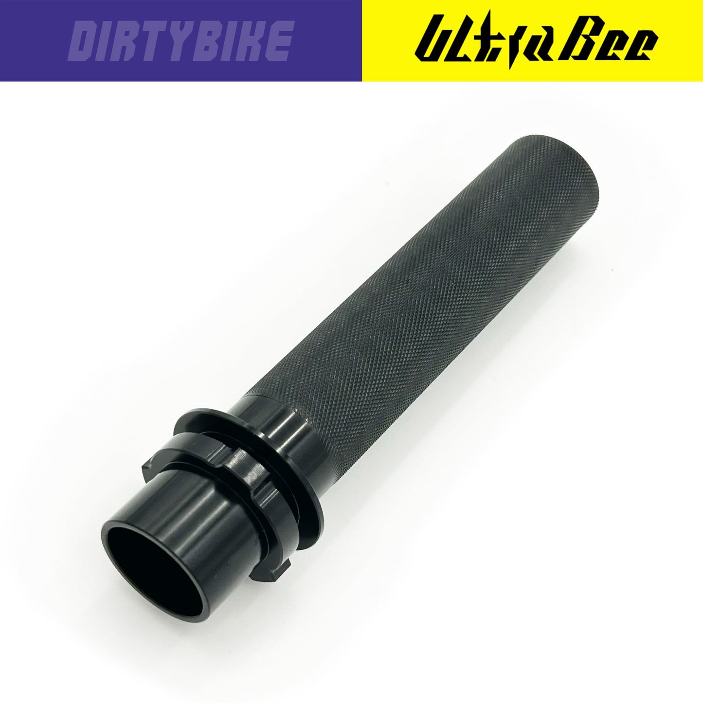 Aluminum throttle tube for Surron Ultra Bee electric bike by eDirtyBike, shown with textured grip and metal construction.