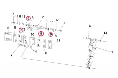 Diagram of eDirtyBike Surron LBX suspension linkage bearing kit showing needle bearings and assembly details.