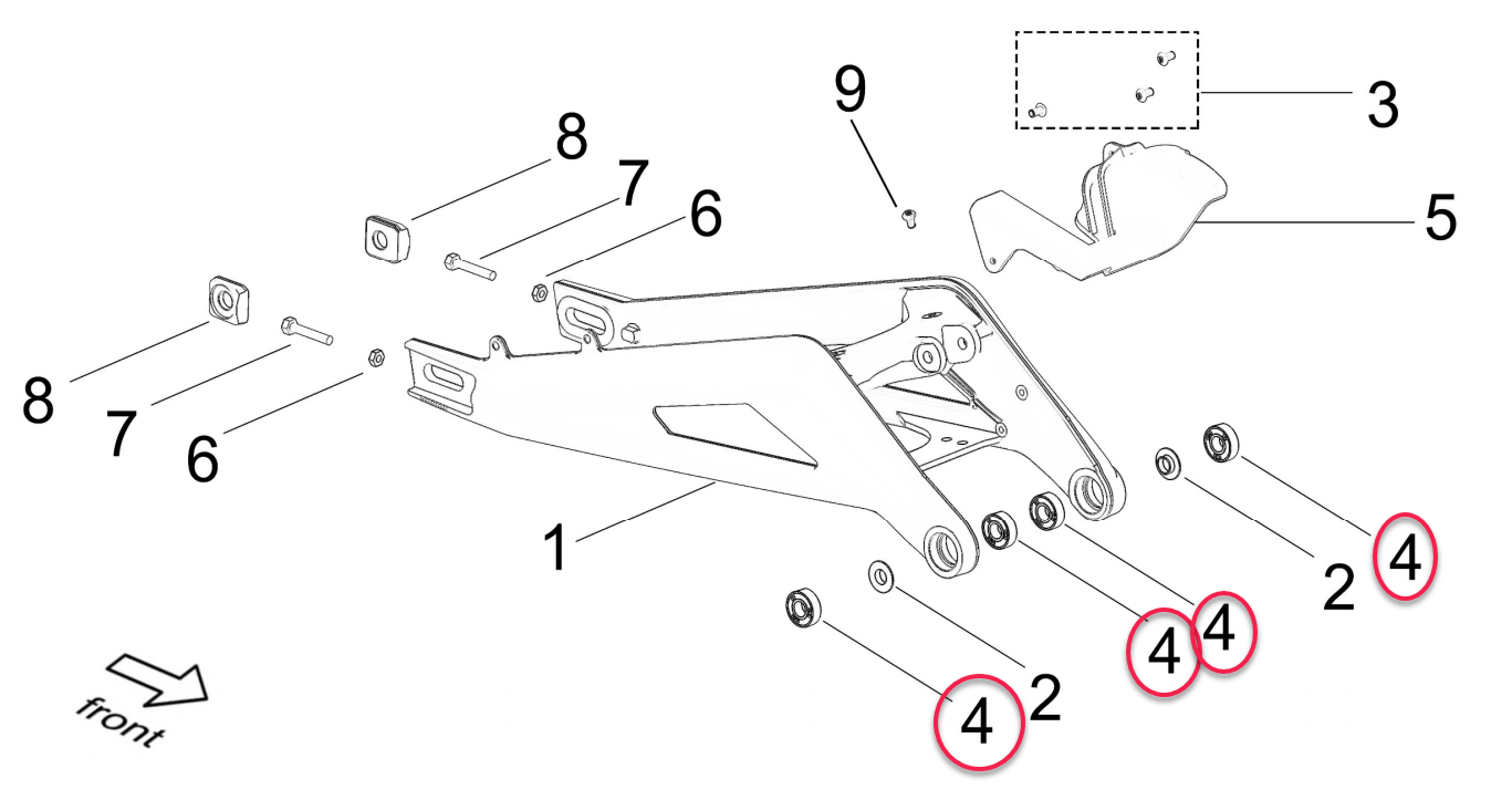 Diagram of eDirtyBikes Surron Light Bee and E Ride Pro swingarm bearing kit showing black stripe deep groove sealed bearings.