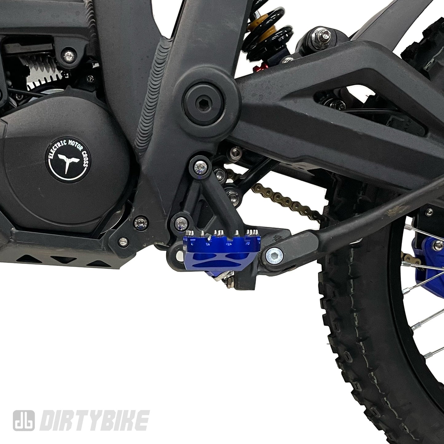 CNC aluminum foot pegs on Talaria MX bike, designed for off-road riding, featuring durable construction and ergonomic grip.