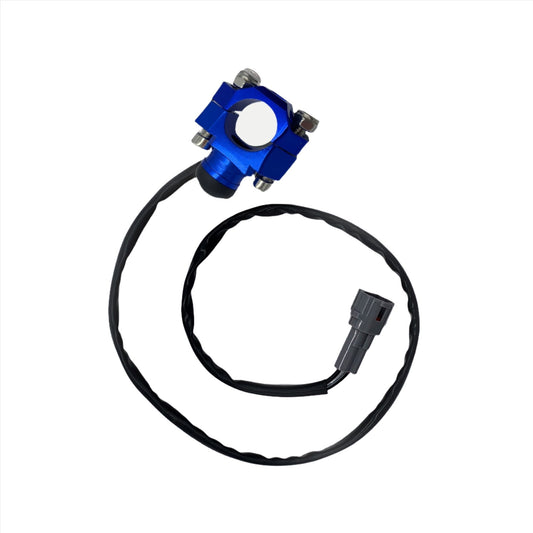 Blue aluminum Horn Button switch for Talaria Sting MX3 electric motorcycle by eDirtyBike, mounted on the handlebar.