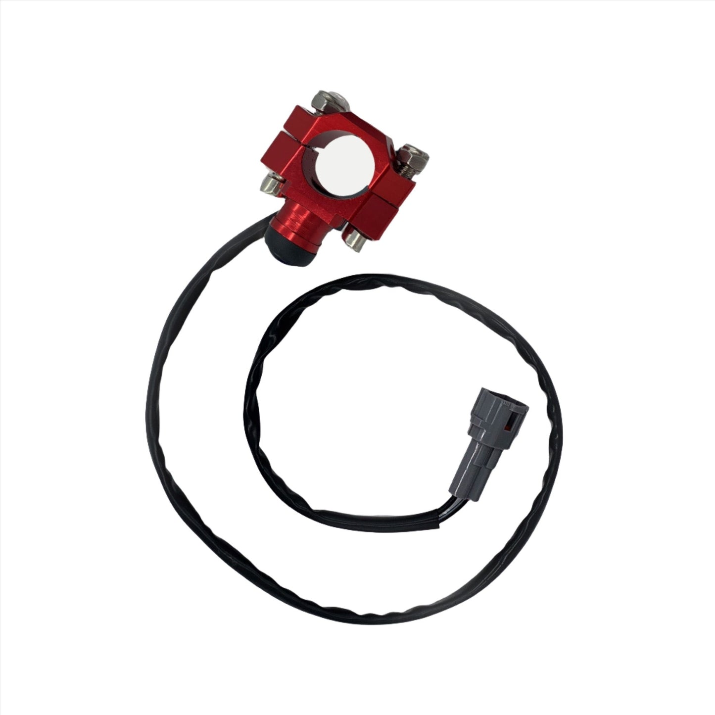Red aluminum horn button switch for Talaria Sting MX3 eDirtyBike electric motorcycle, shown with mounting details and brand logo.