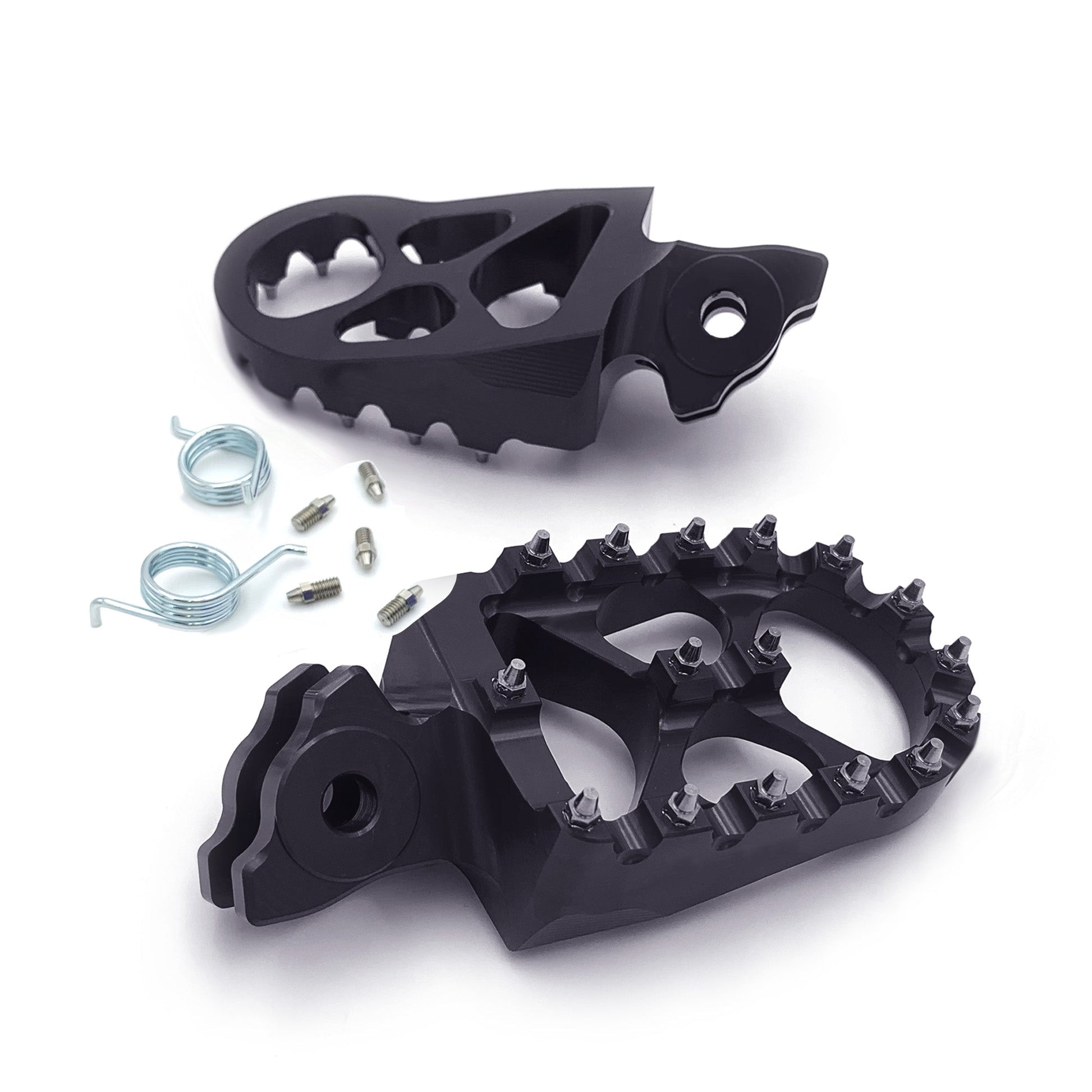 Black CNC aluminum foot pegs for Talaria MX and X3 eRide Pro electric bikes, designed for durability and rider comfort.