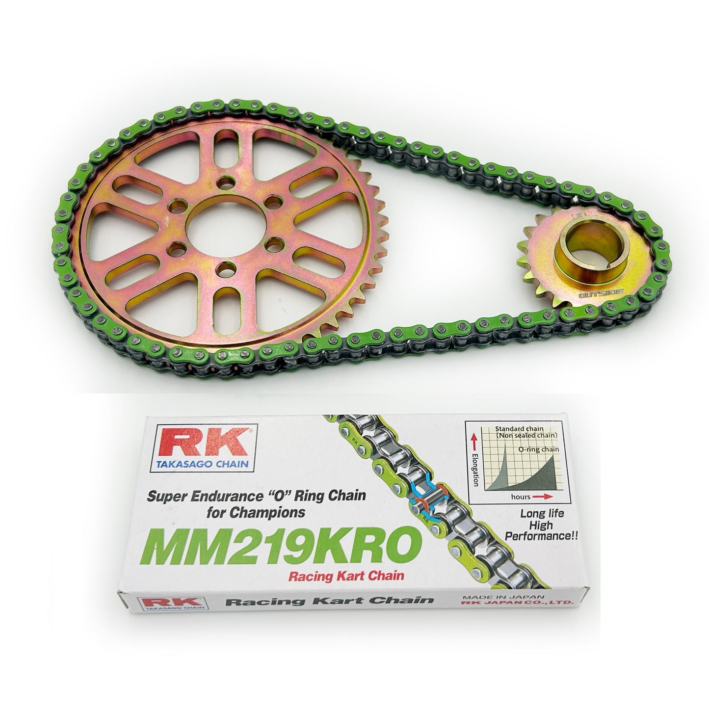 eDirtyBike Talaria primary belt to chain conversion kit with 219 RK sealed O-ring chain and green chain drive components.