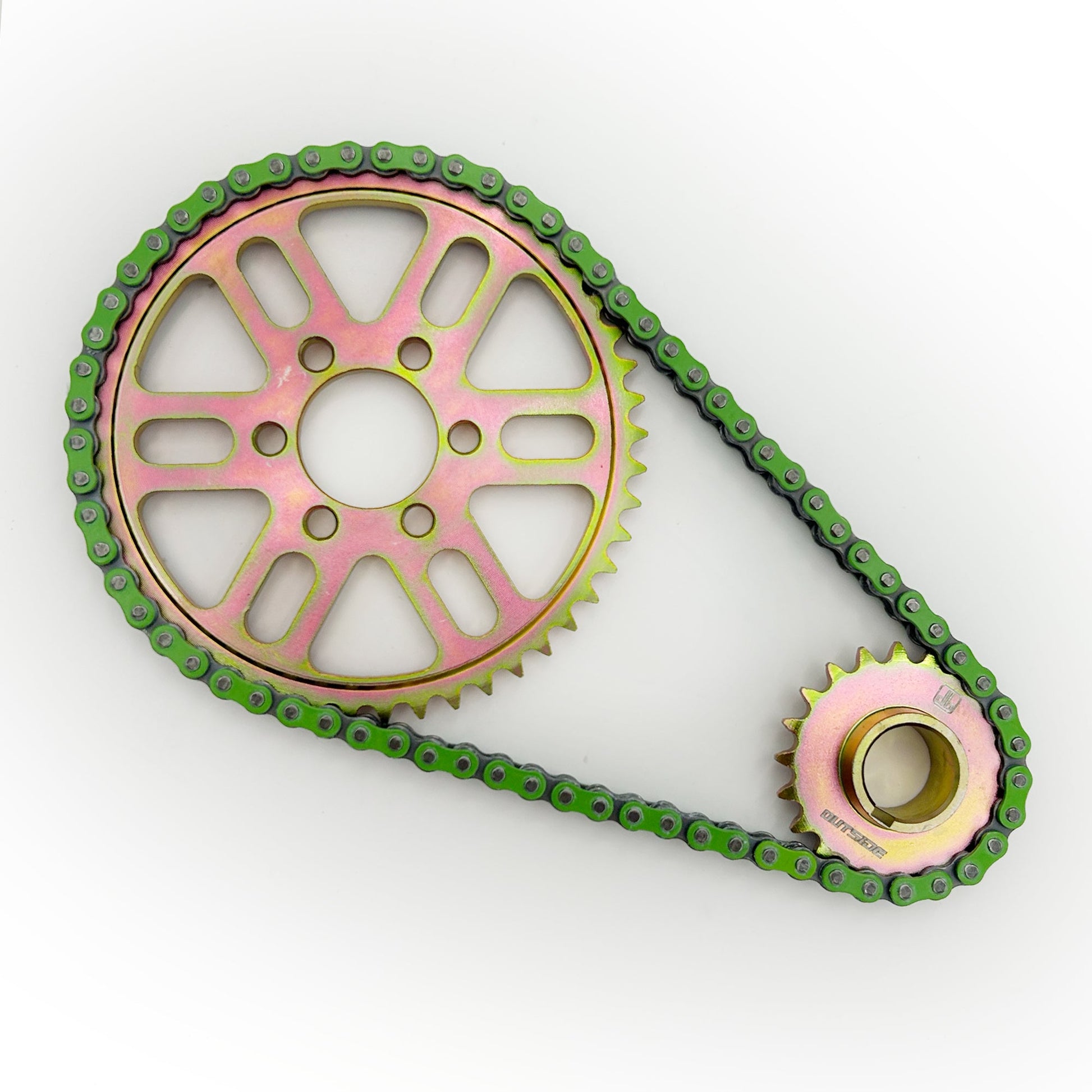 Talaria X3 primary belt to chain conversion kit with RK sealed O-ring chain, green accents, for eDirtyBike Talaria X3 e-motorcycle