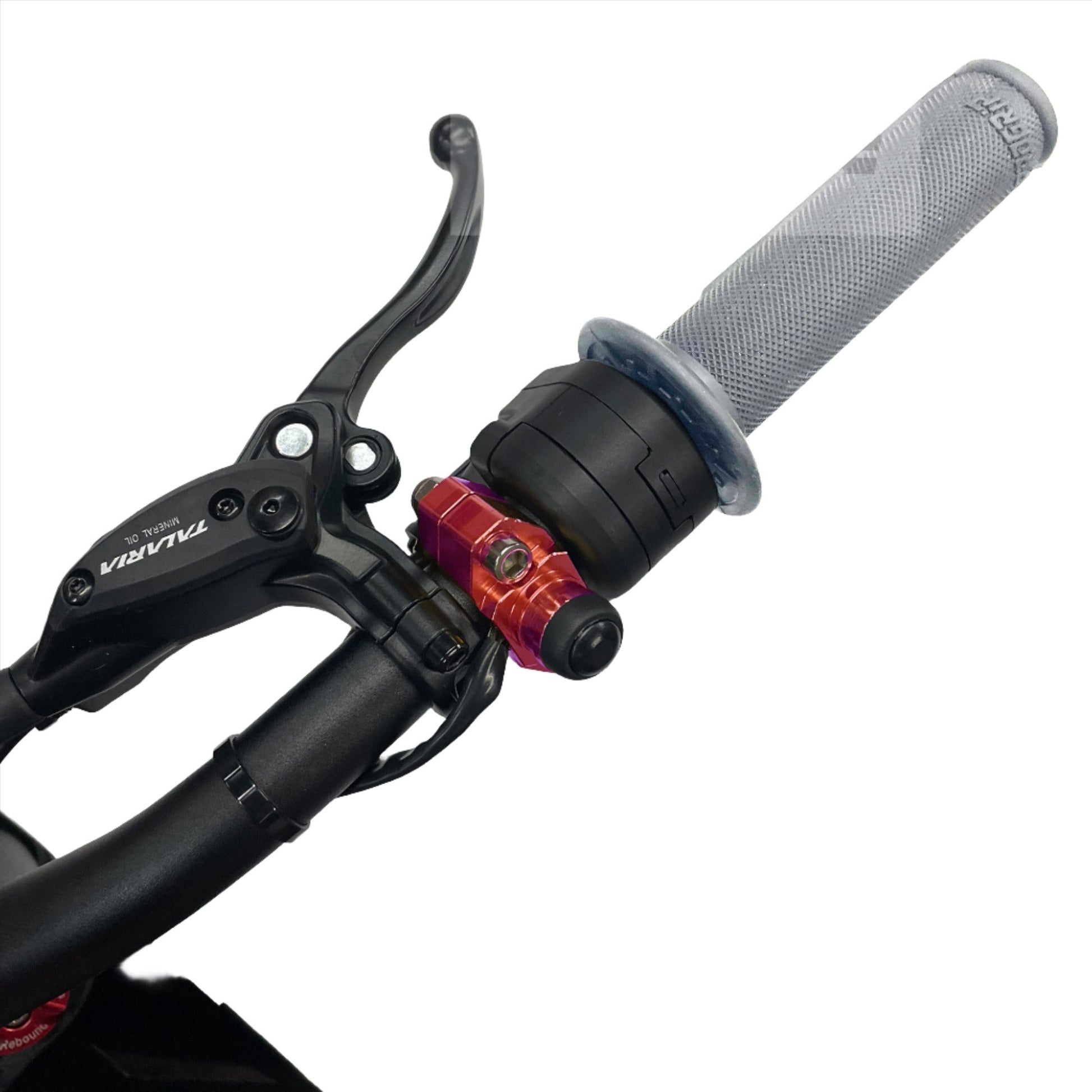 Red 1/4 turn electronic throttle kit for Talaria Sting MX3 electric bike by eDirtyBike, featuring start button and throttle components.