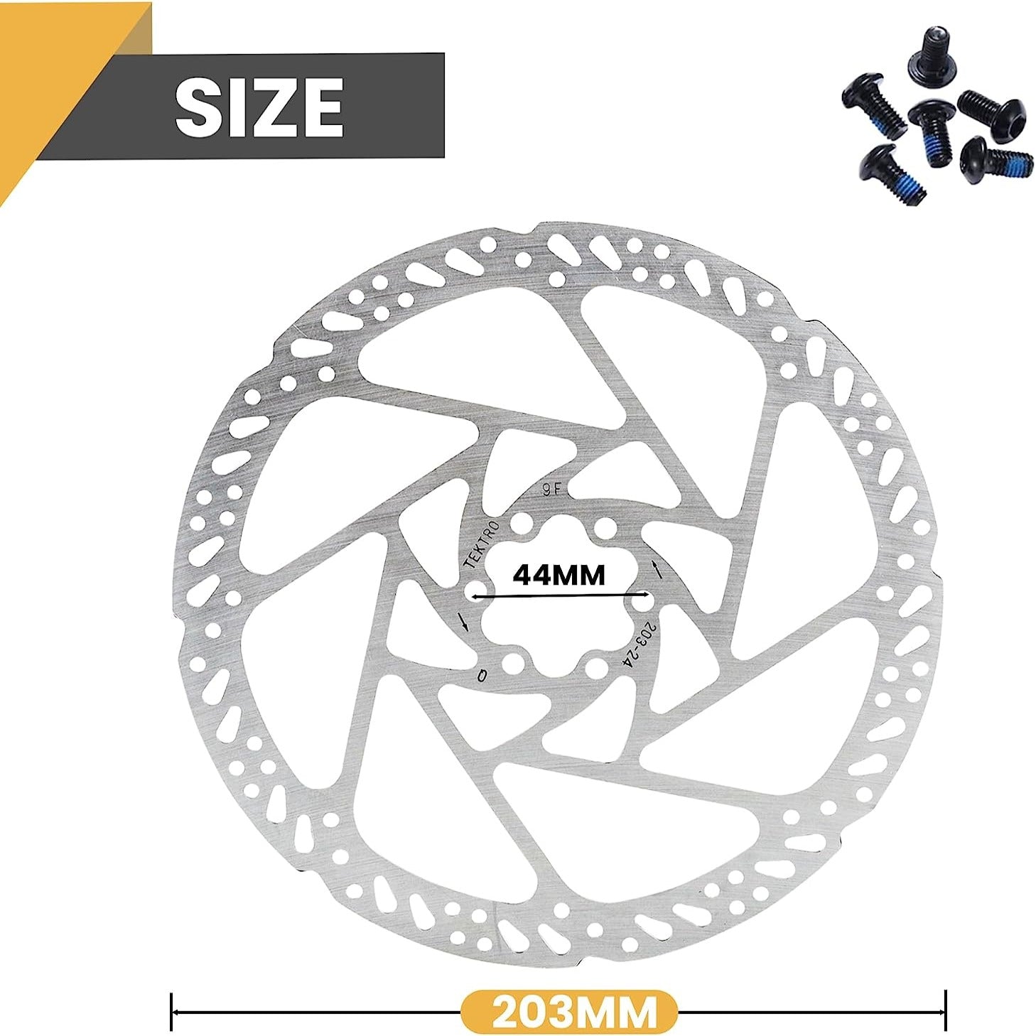 Hycline Tektro TR-24 disc brake rotor in silver, 203mm, stainless steel with 6-bolt mount for bicycle braking systems.