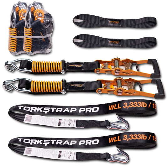 TorkStrap PRO | 25' x 2'' Self Tensioning Ratchet Straps (10,000LB Break Strength) - Adjusts to Load Shifts - Spring Loaded Heavy Duty Ratchet Straps w/ Soft Loops - UTV, Cargo, ATV, Truck - Howling Moto