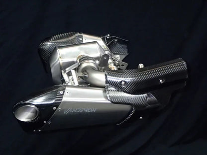 Triumph Rocket 3R & GT titanium bimodal slip-on mufflers by Bill's Exhausts, with stealth finish and electronic valved design.