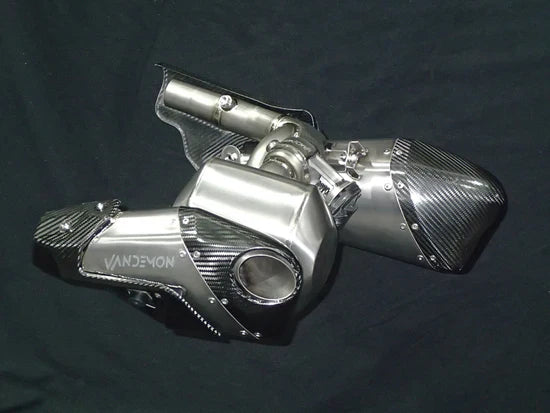 Triumph Rocket 3R & GT titanium slip-on mufflers with stealth finish, designed for 2019-2025 models, by Bill's Exhausts.