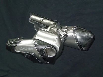 Triumph Rocket 3R & GT titanium slip-on mufflers with stealth finish, designed for 2019-2025 models, by Bill's Exhausts.