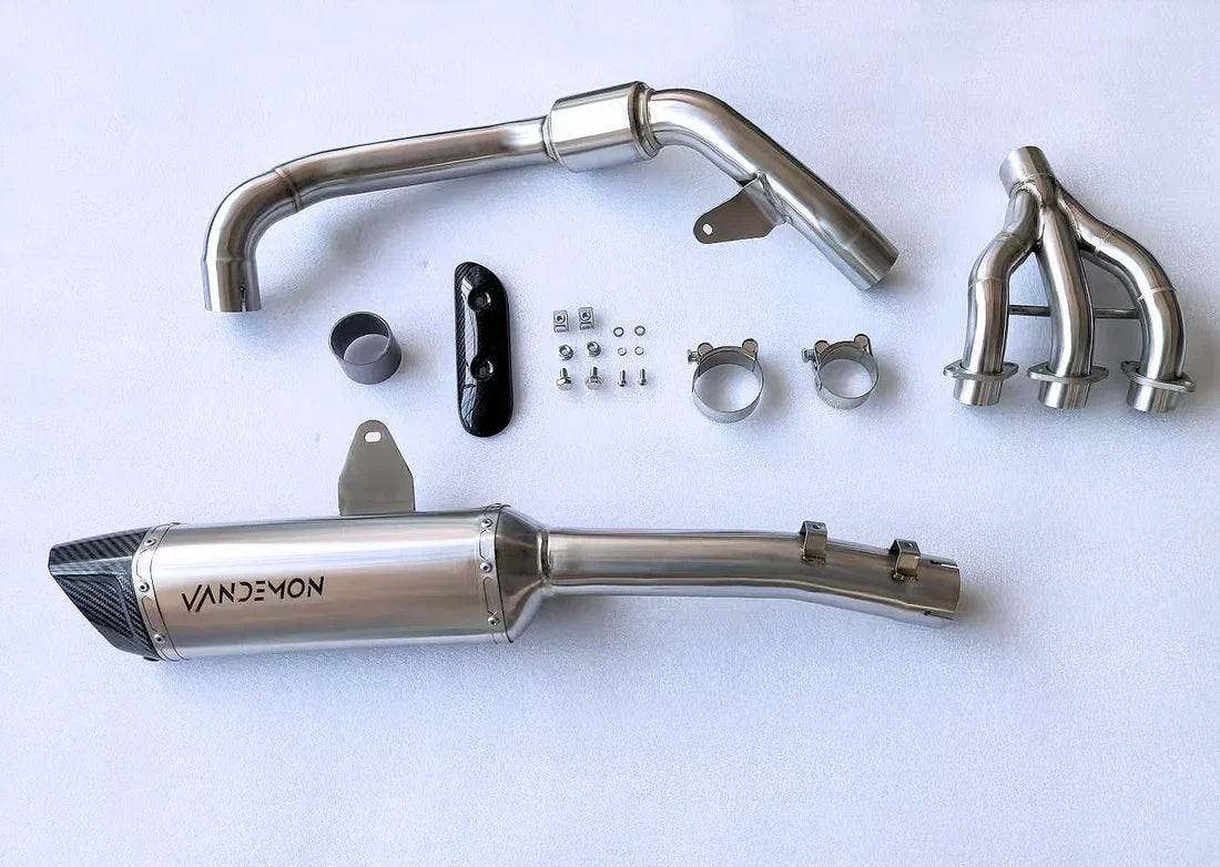 Stainless steel exhaust system for Triumph Tiger 900, Triumph Tiger 850 motorcycle, by Bill's Exhausts, shown on the bike.