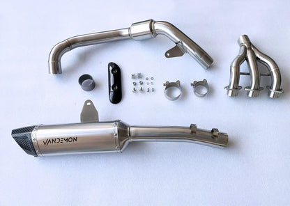 Stainless steel exhaust system for Triumph Tiger 900, Triumph Tiger 850 motorcycle, by Bill's Exhausts, shown on the bike.