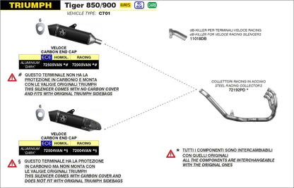 Bill's Exhausts Arrow Veloce slip-on exhaust for Triumph Tiger 850 and 900 models, mounted on motorcycle side view.