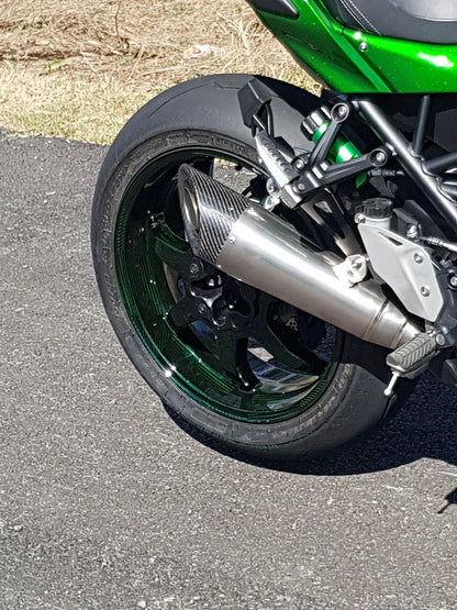 Vandemon titanium carbon tip slip-on exhaust for Honda H2 SE SX 2018-24 motorcycle, showing sleek metallic finish and branding