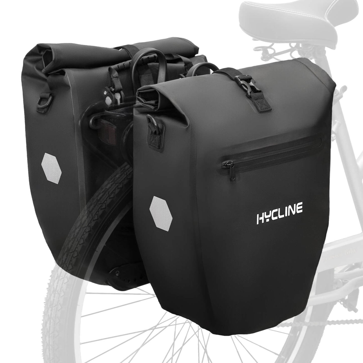 Waterproof Hycline bike pannier bag attached to bicycle rack, designed for secure storage during cycling adventures.