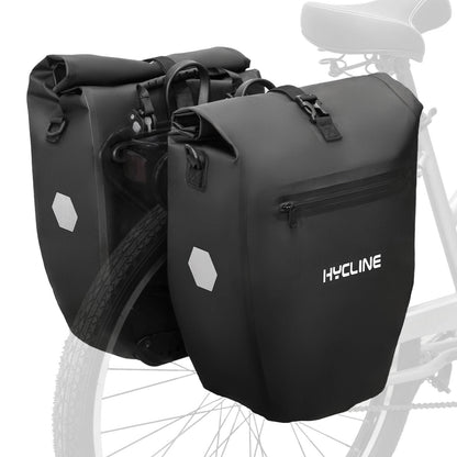 Waterproof Hycline bike pannier bag attached to bicycle rack, designed for secure storage during cycling adventures.