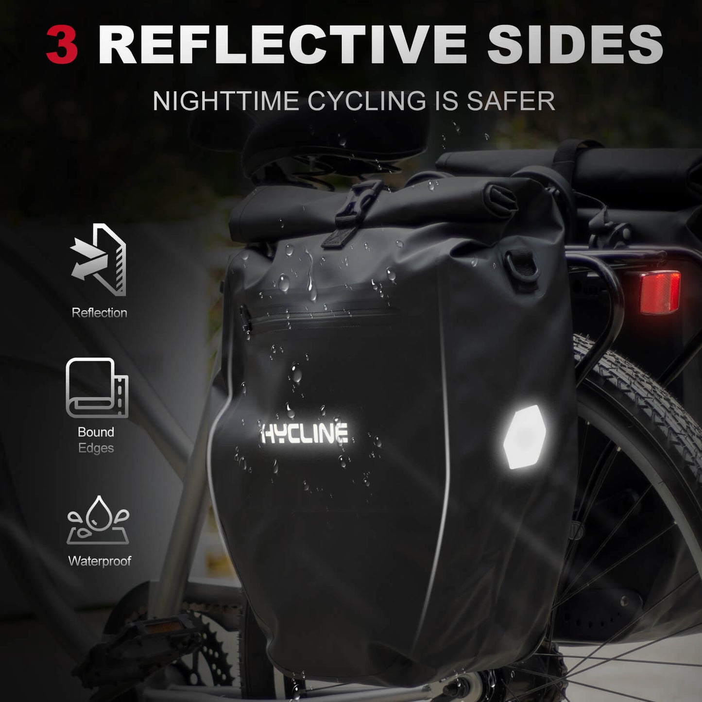Waterproof Hycline bike pannier bags attached to a bicycle, designed for secure storage and easy transport during cycling.