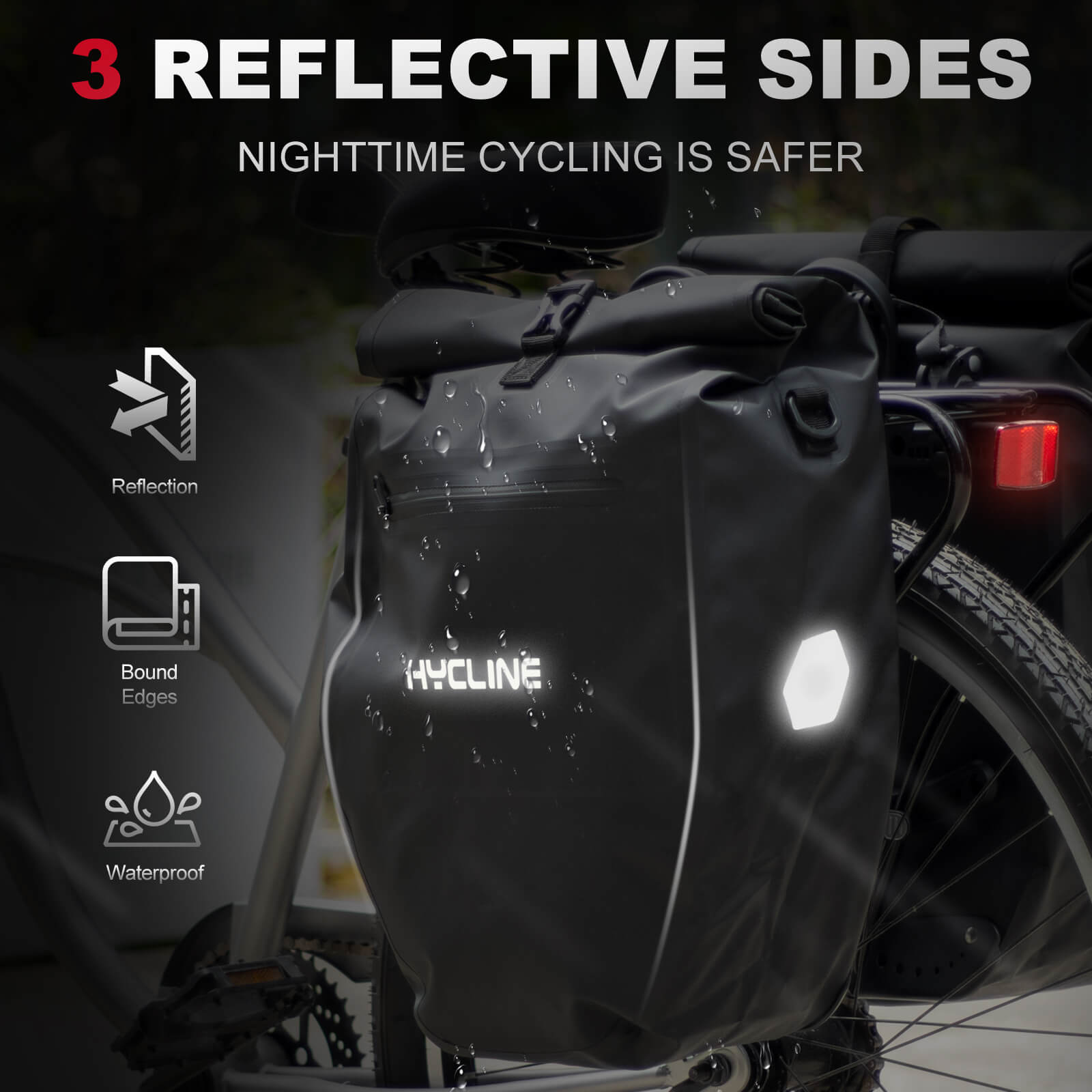 Waterproof Hycline bike pannier bags attached to a bicycle, designed for secure storage and easy transport during cycling.