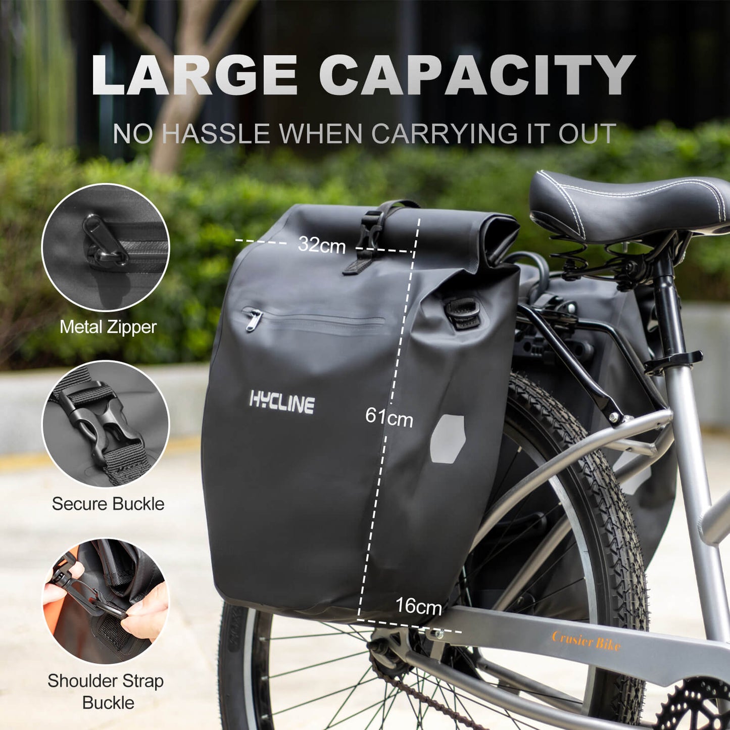 Hycline waterproof bike pannier bags mounted on a bicycle, showing durable, weather-resistant design for cycling storage.