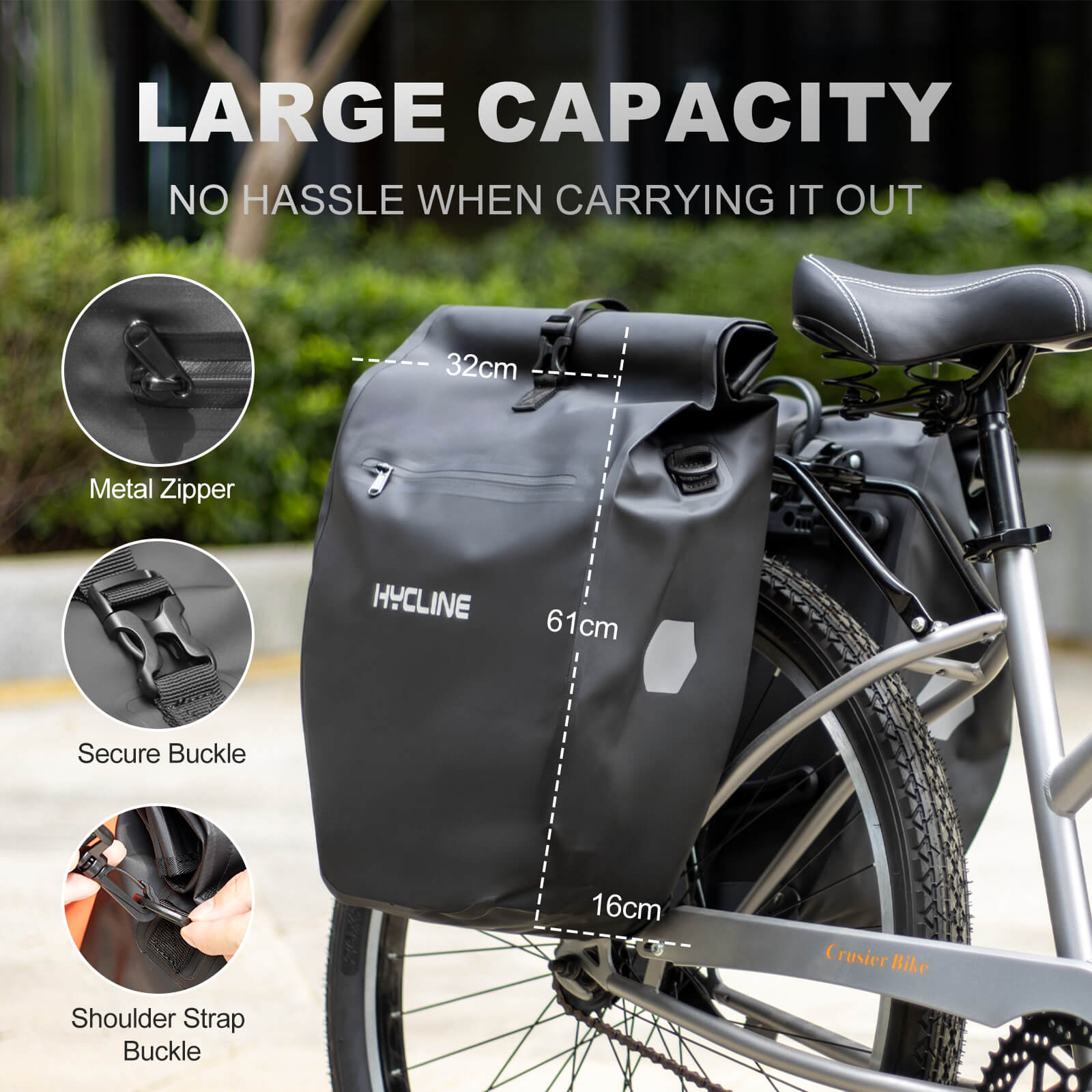 Hycline waterproof bike pannier bags mounted on a bicycle, showing durable, weather-resistant design for cycling storage.