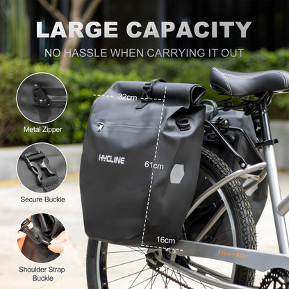 Hycline waterproof bike pannier bags mounted on a bicycle, showing durable, weather-resistant design for cycling storage.
