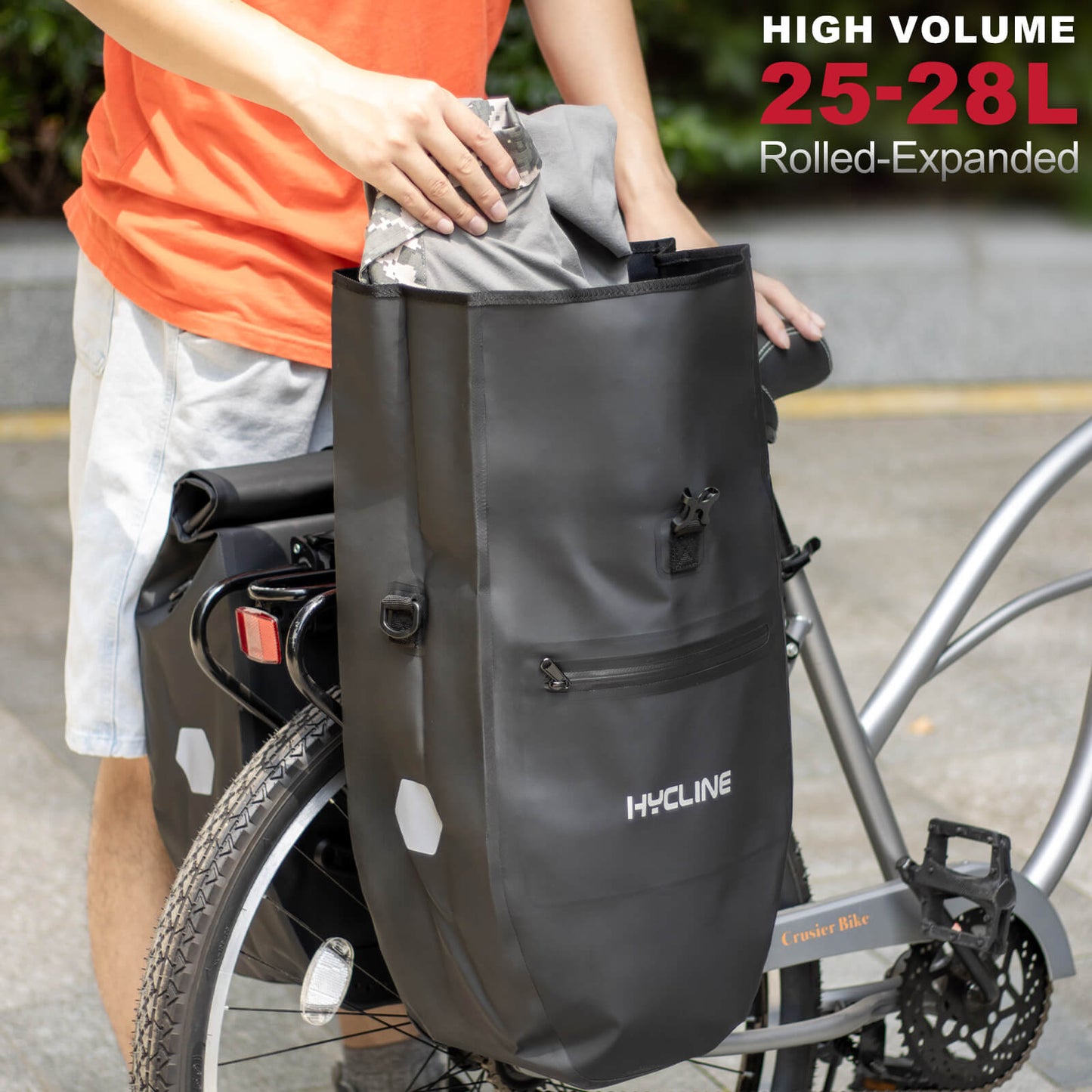 Hydcline waterproof bike pannier bag attached to bicycle rack, showing durable, weather-resistant design for cycling storage.