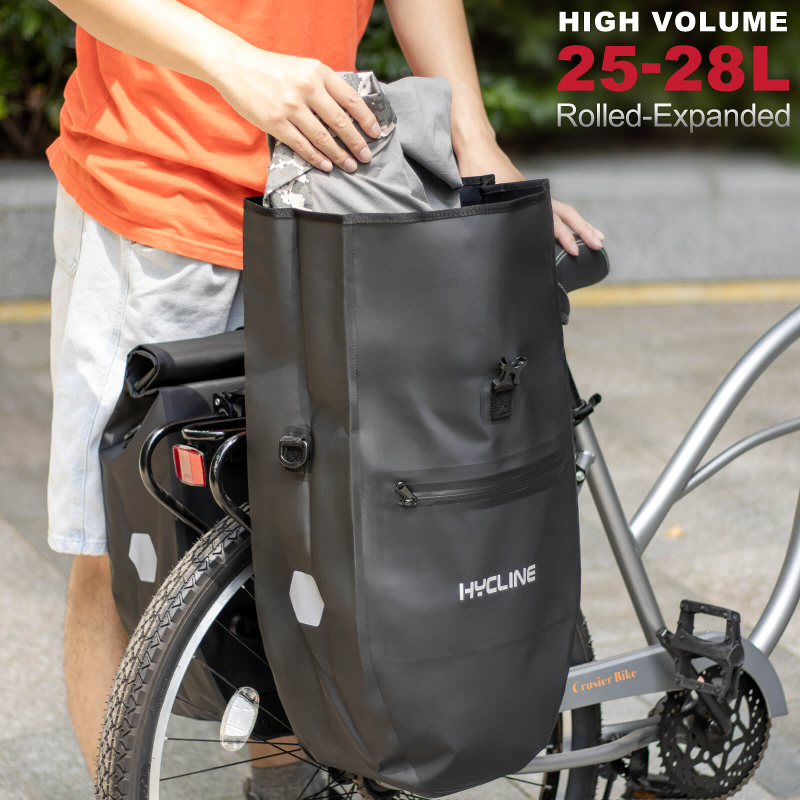 Hydcline waterproof bike pannier bag attached to bicycle rack, showing durable, weather-resistant design for cycling storage.
