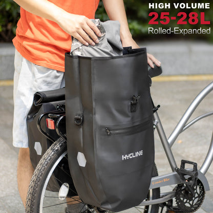 Hydcline waterproof bike pannier bag attached to bicycle rack, showing durable, weather-resistant design for cycling storage.