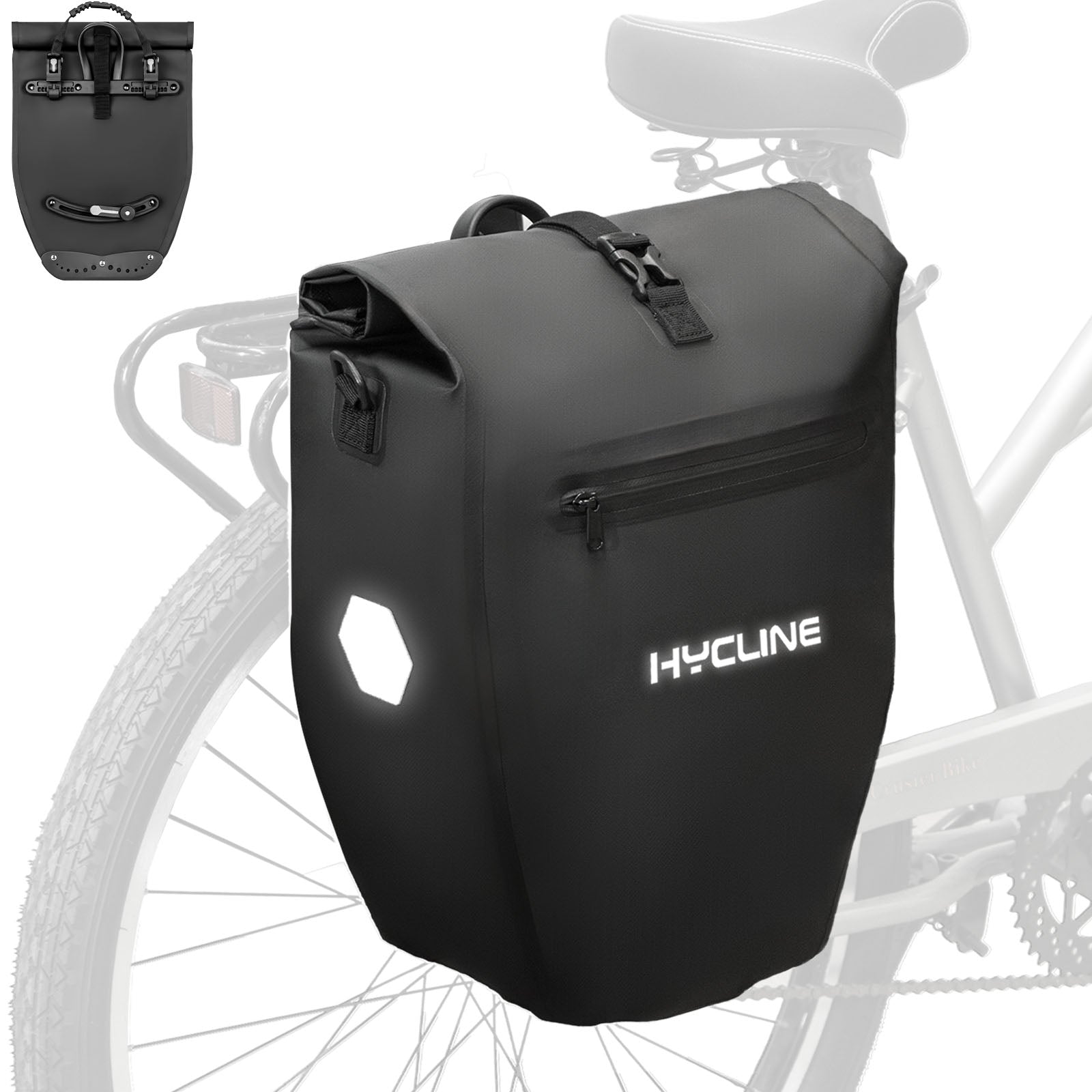 Hycline waterproof bike pannier bag mounted on a bicycle, showcasing durable, weather-resistant storage for cycling gear.