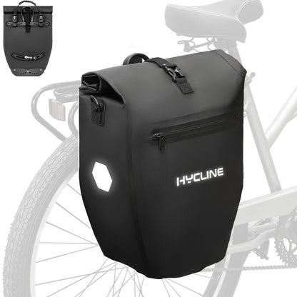Hycline waterproof bike pannier bag mounted on a bicycle, showcasing durable, weather-resistant storage for cycling gear.