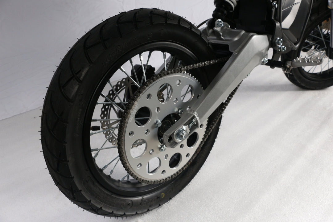 Electro & Co ETM RTR 14-inch street wheel set with tires, rotors, and chain installed on a bicycle.