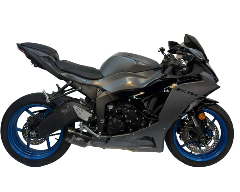 Carbon fiber street slip-on exhaust for Kawasaki ZX6R 2009-2026, Bill's Exhausts Street Slayer model, shown on motorcycle.