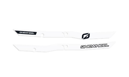 Onewheel XR Classic Recurve Rail Guards in white protecting the rails of the electric skateboard