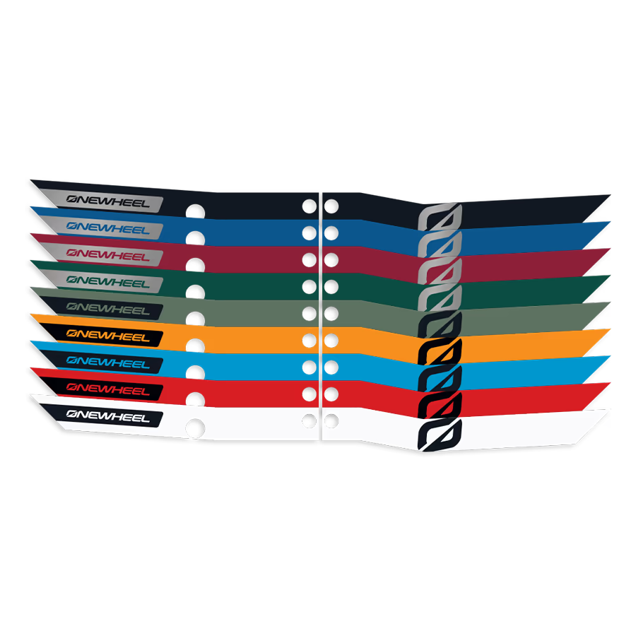 Onewheel XR classic recurve rail guards with rainbow design, protecting the rails of the electric skateboard.