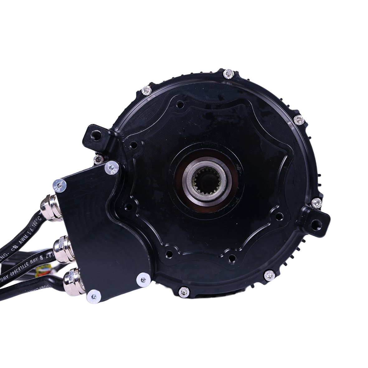Charged Powersports EBMX XTA-60 Talaria electric motor for bicycles, shown from the back with cooling fins and wiring visible.
