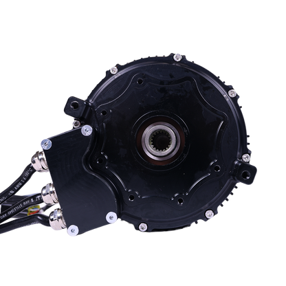 Charged Powersports EBMX XTA-60 Talaria electric motor for bicycles, shown from the back with cooling fins and wiring visible.