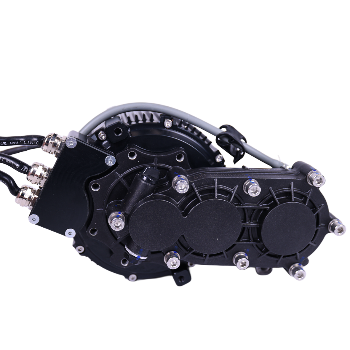 Charged Powersports EBMX XTA-60 Talaria electric motor with gearbox, shown from the back with visible components and wiring.