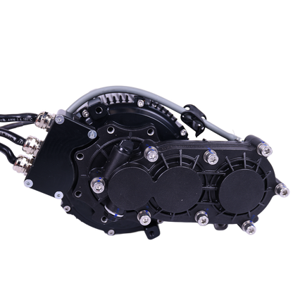Charged Powersports EBMX XTA-60 Talaria electric motor with gearbox, shown from the back with visible components and wiring.