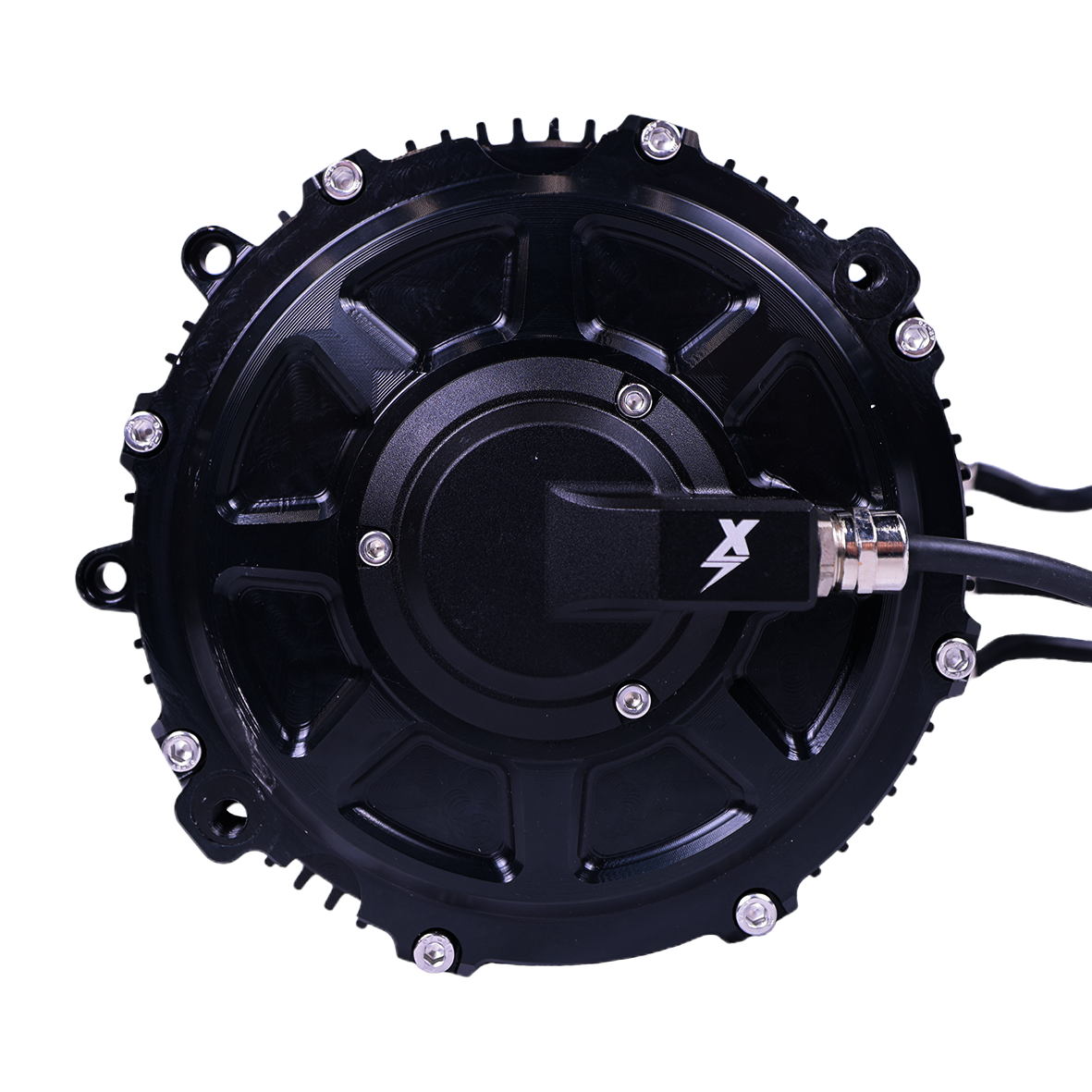 Charged Powersports EBMX XTA-60 Talaria motor showing front view with black and silver components and branding details.