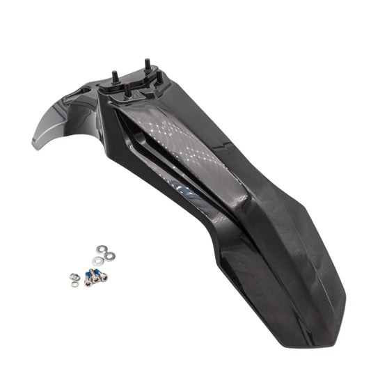 Rawrr Mantis X front fender, OEM scooter body part, shown in black with smooth finish and mounting points visible.