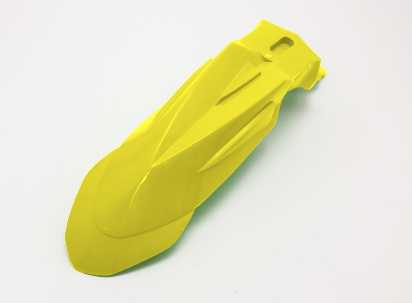 Yellow Warp9Racing SuperMoto front fender, slim MX to SM conversion, designed for motorcycle body plastics and fairings.