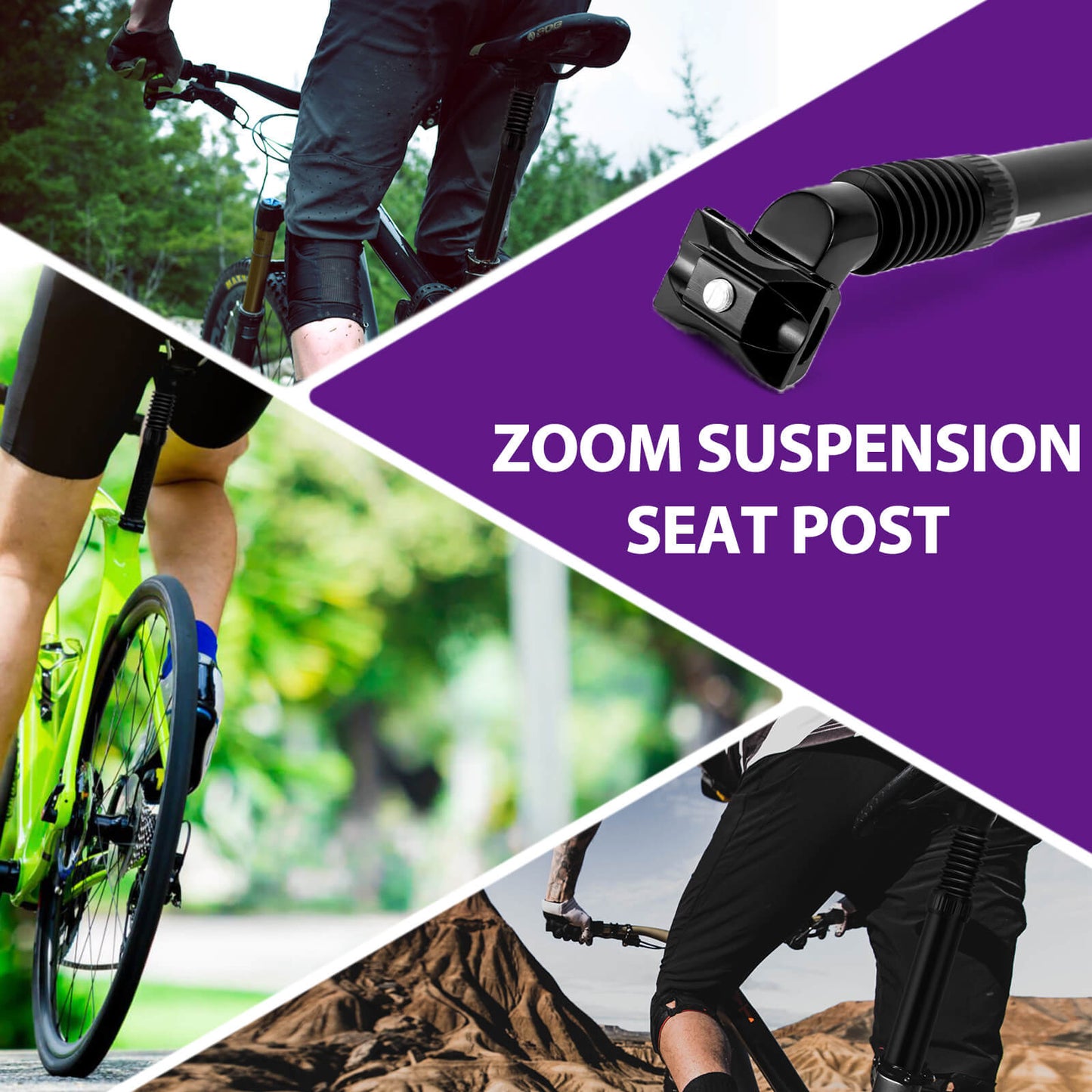 Hycline ZOOM suspension bicycle seatpost with saddle clamp, adjustable, 350mm length, fits Ø27.2, 30.9, and 31.6mm frames