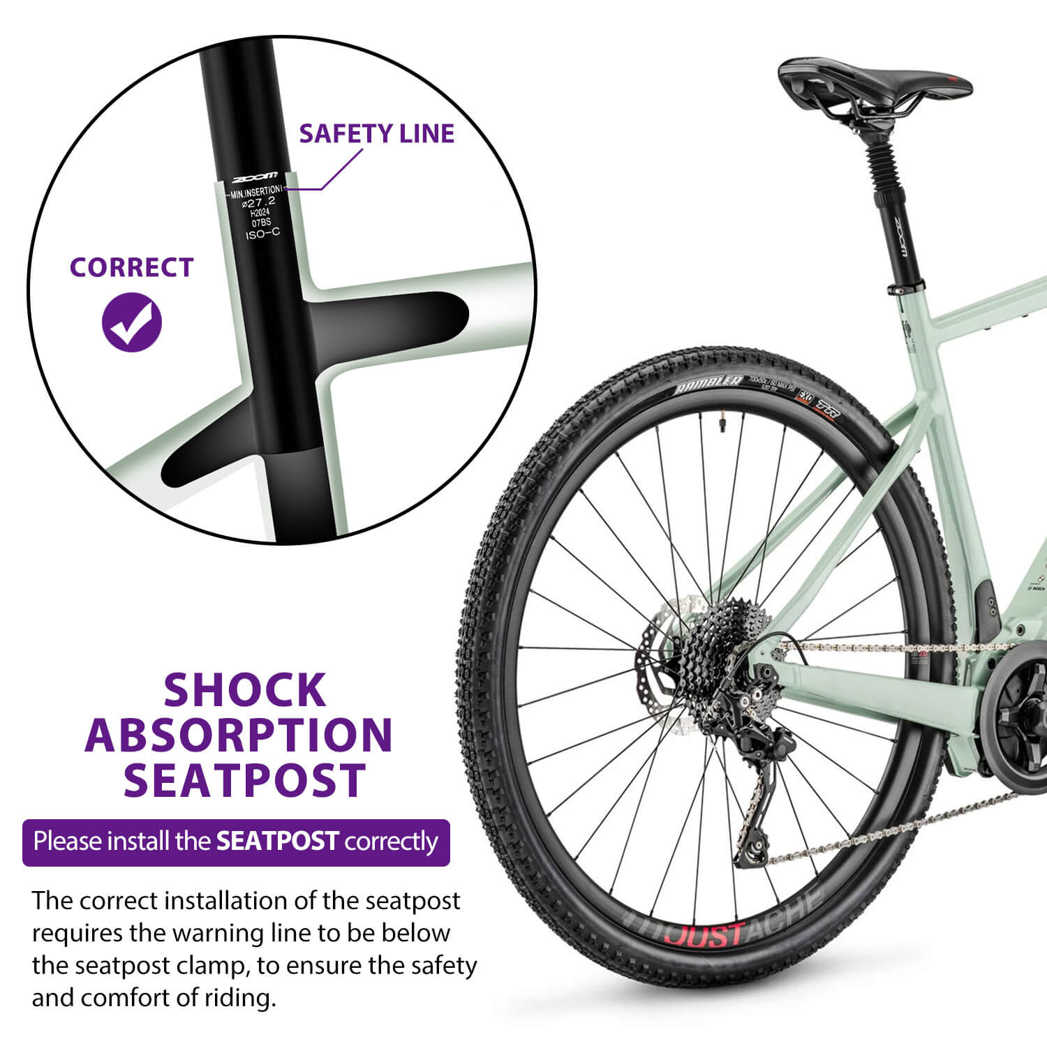 Hycline ZOOM suspension bicycle seatpost with saddle clamp, available in 27.2mm, 30.9mm, and 31.6mm diameters, 350mm length