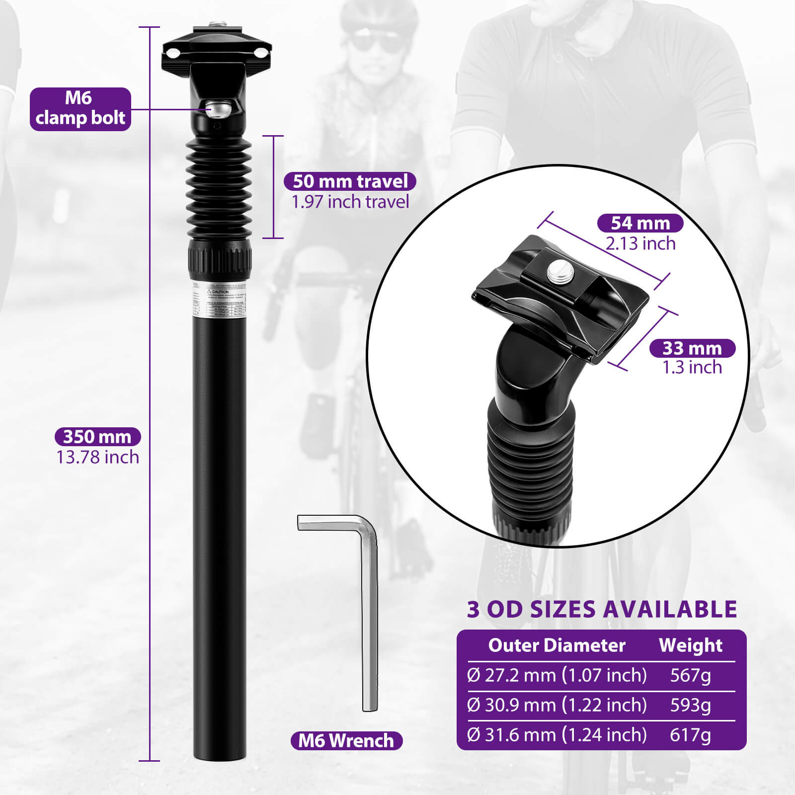 Hycline ZOOM suspension bicycle seatpost with saddle clamp, available in 27.2mm, 30.9mm, or 31.6mm diameter, 350mm length